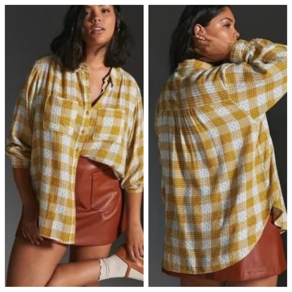 Anthropologie Pilcro Yellow Motif Mustard Plaid Stitched Shirt XS 54242